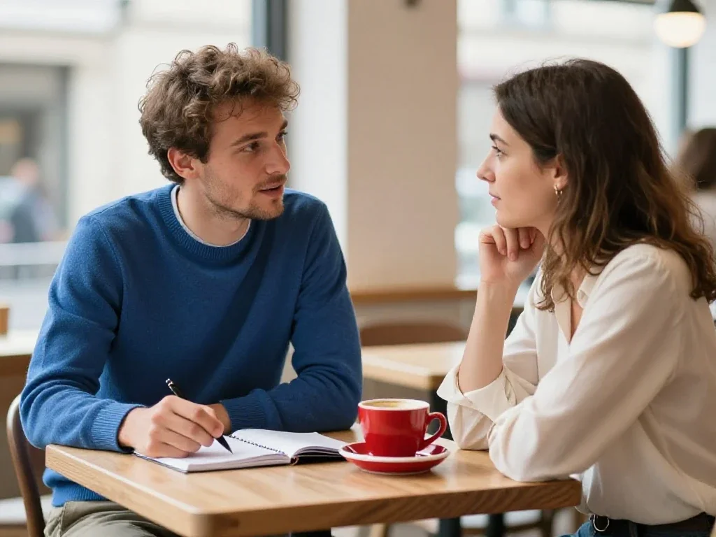 Deux collègues français discutent autour d'un café pour échanger des connaissances variées.