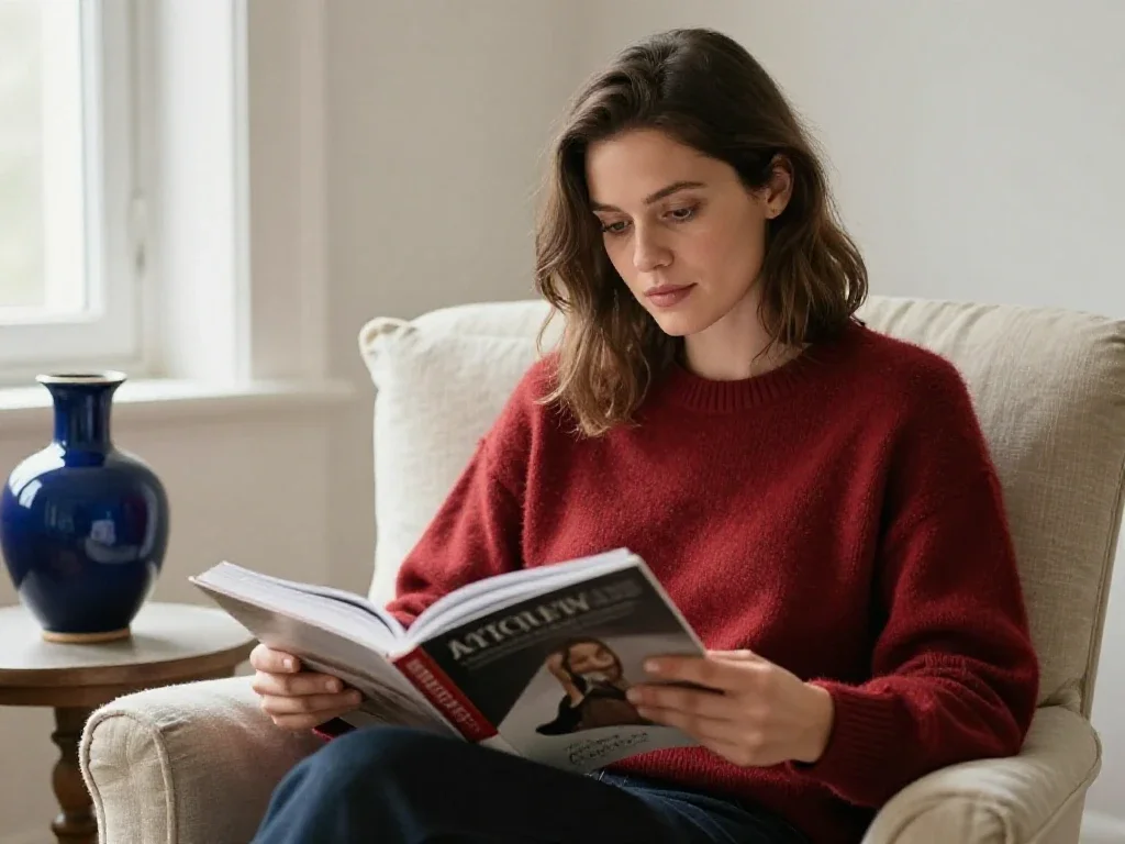 Lectrice française d'origine européenne s'instruisant avec un magazine près d'une fenêtre lumineuse.